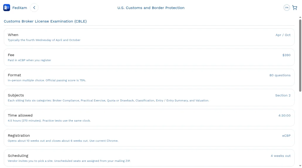 CBLE General Information screen listing When (Apr / Oct), Fee ($390), Format (80 questions), Subjects (Section 2), Time allowed (4:30:00), Registration (eCBP), and Scheduling (4 weeks out).